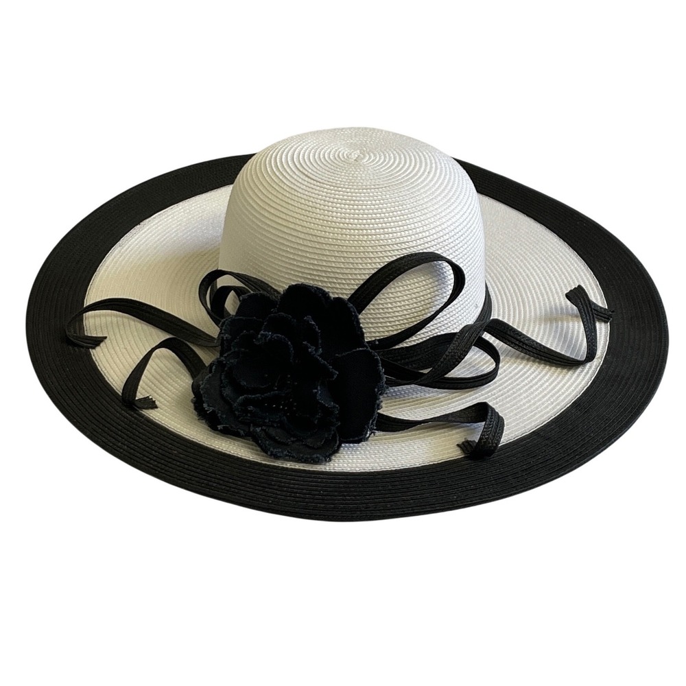 Giovannio Wide Brim Sun Hat White Black Flower Ribbon Saratoga Derby